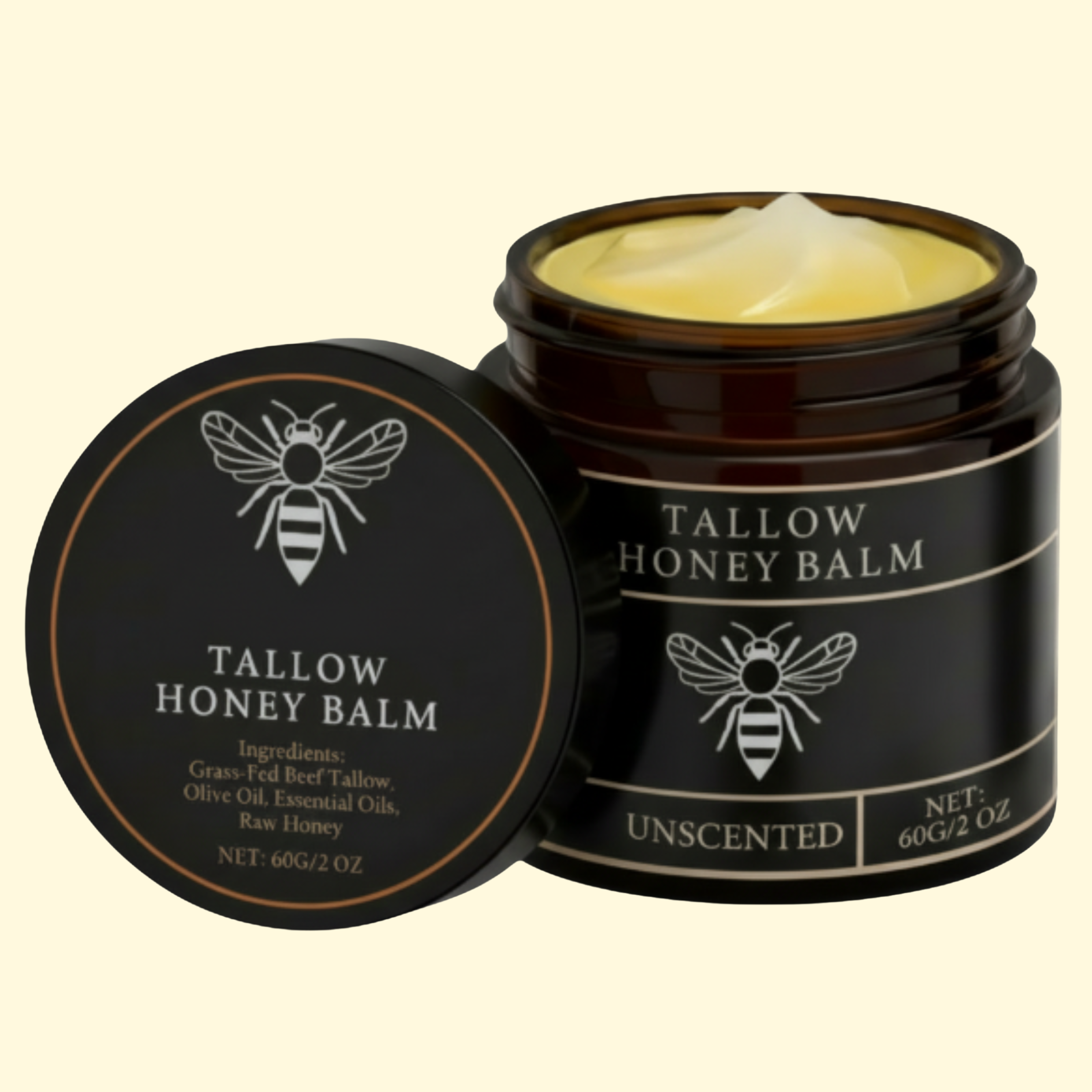"Unscented tallow and honey balm in amber jar — fragrance-free natural skincare by Honey & Tallow"