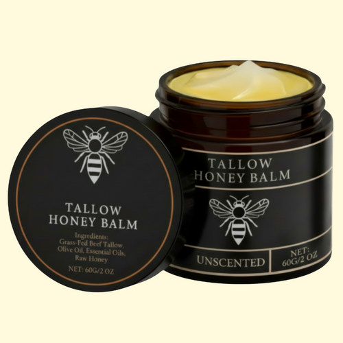 "Unscented tallow and honey balm in amber jar — fragrance-free natural skincare by Honey & Tallow"