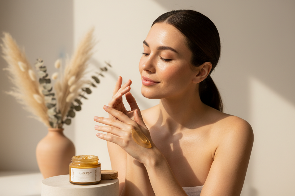 Beautiful model putting tallow balm