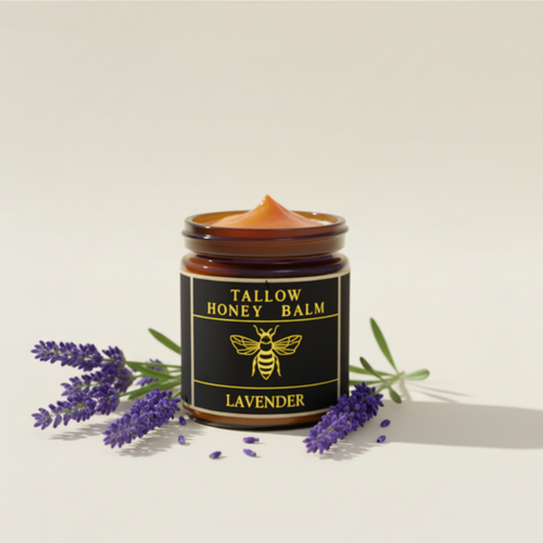 Lavender balm with natural bright yellow text and orange balm